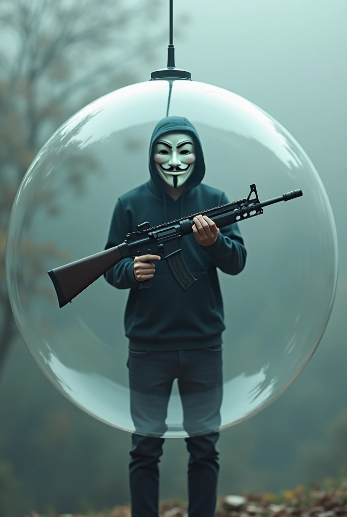 person wearing Anonymous mask in a bubble with silver cord holding keyboard as if it were a rifle