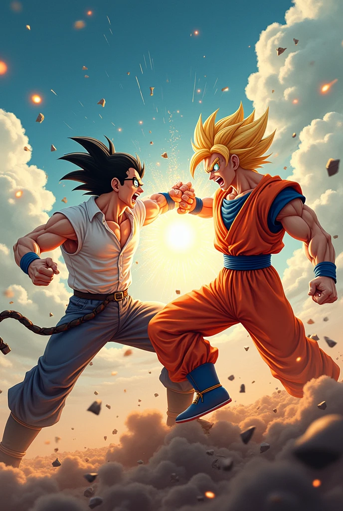 Son goku vs walter white with glasses, in the air
