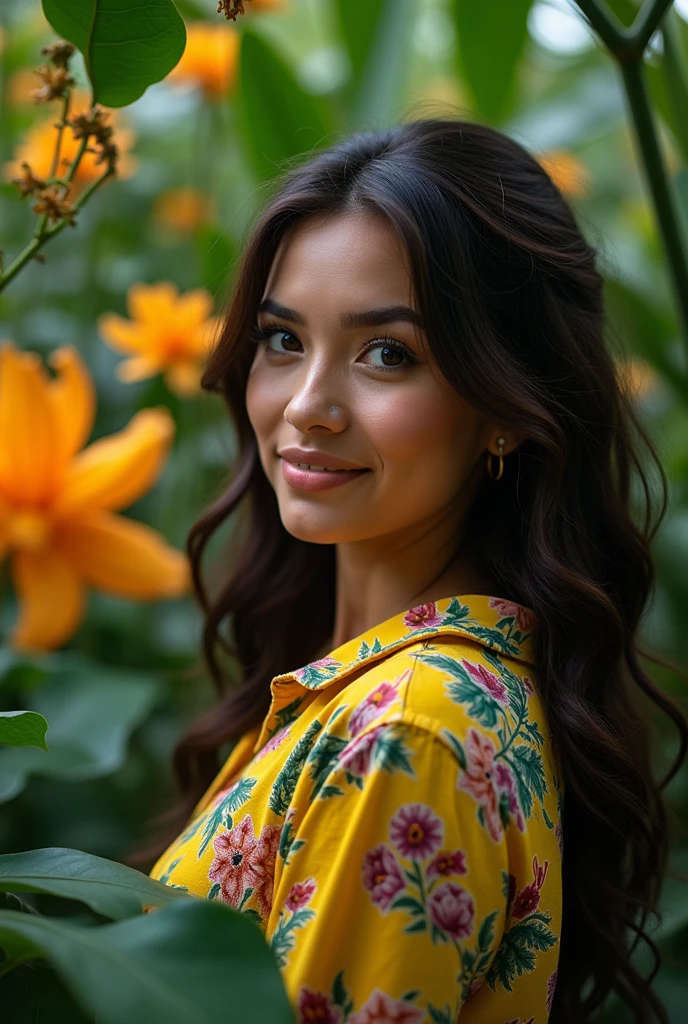 A Brazilian woman in a lush tropical garden, wearing an open shirt with a floral print, with a close-up capturing the harmonious beauty between her breasts and the natural flowers, showing off your natural charm and outgoing personality.
