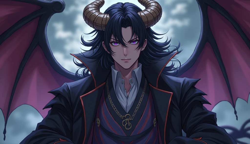 ((Highest quality)), ((masterpiece)), (detailed),The outfit has the dignity of a king of the demon world.、male、Black Hair、Purple Eyes、威厳があるかっこいいmale、Anime Style、Hand-drawn drawing、Demon King's Hair Ornament、No horns