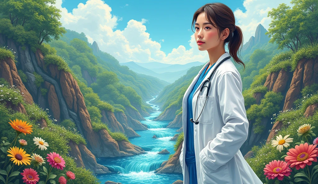 drawing ng yamang tubig, lupa at mineral na may babaeng doctor sa gitna