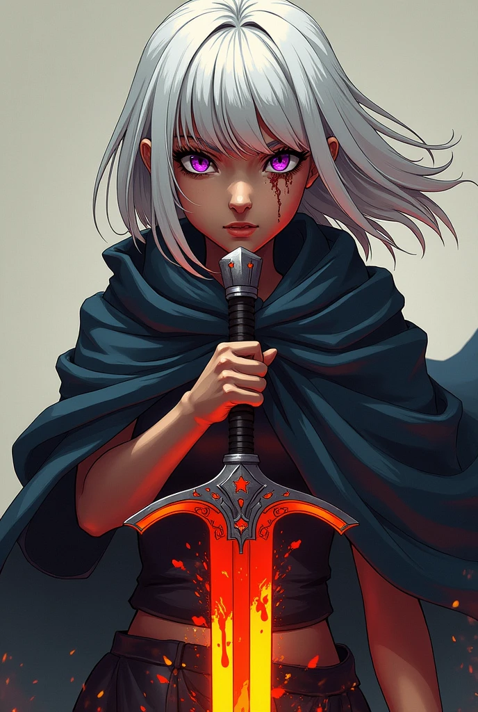 anime styling(soul Eater) young dark skinned gladiator woman from the front with face full of deep scars, with white shoulder length hair, with purple eyes, wielding a fire bastard stuck in the ground, wearing a cloak covers the whole body.