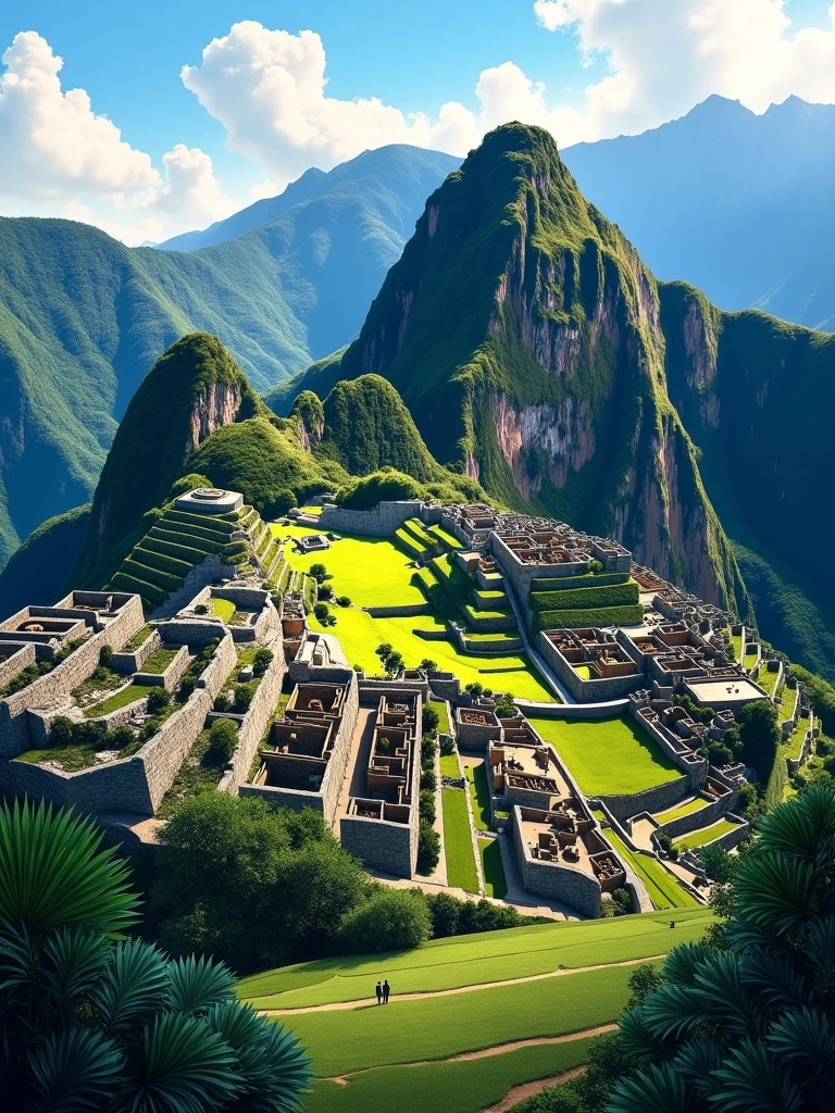 visualizing the city of Machu Picchu, from Paris, extraordinary landscape, quite a lot of natural jungle, realistic illustration