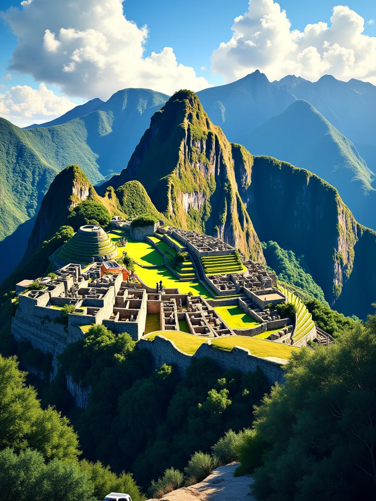 visualizing the city of Machu Picchu, from Paris, extraordinary landscape, quite a lot of natural jungle, realistic illustration