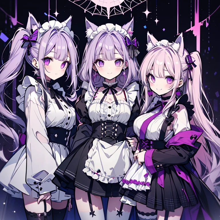 1 girl、Mature、Ample breasts、Long Hair、Twin tails、Curly Hair、pale purple hair、maid、maid服、Miniskirt、garter、spiderwebのストッキング、choker、Earrings、spiderweb、smile、Holding a stuffed toy、Cat ear、High resolution、Highest quality