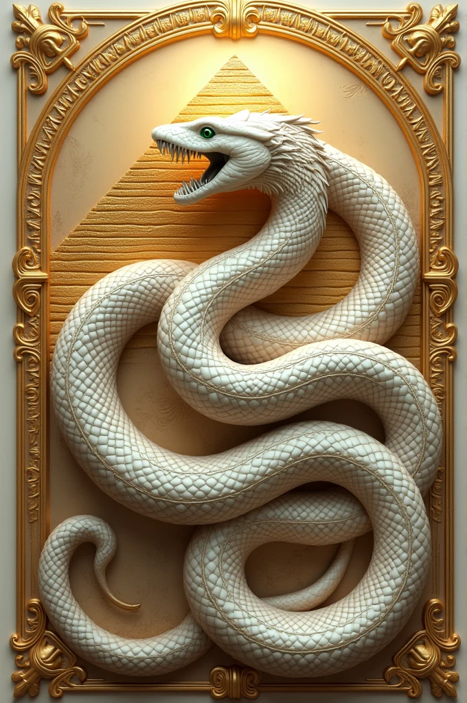 Create a coat of arms over ancient Egypt in white and gold with an evil snake with emerald eyes all over its body and a pyramid in the background