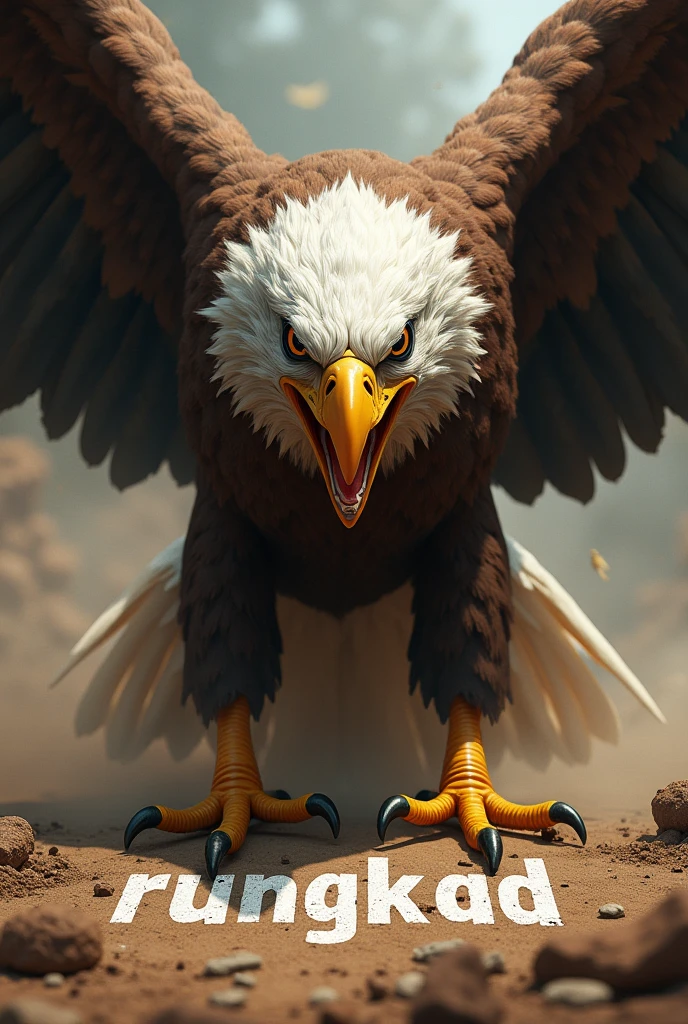 realistic eagle's feet gripping the writing "RUNGKAD" and mouth open on the ground. Dirt and dust were scattered around. Show details of his facial expressions. Add artistic and dramatic effects.