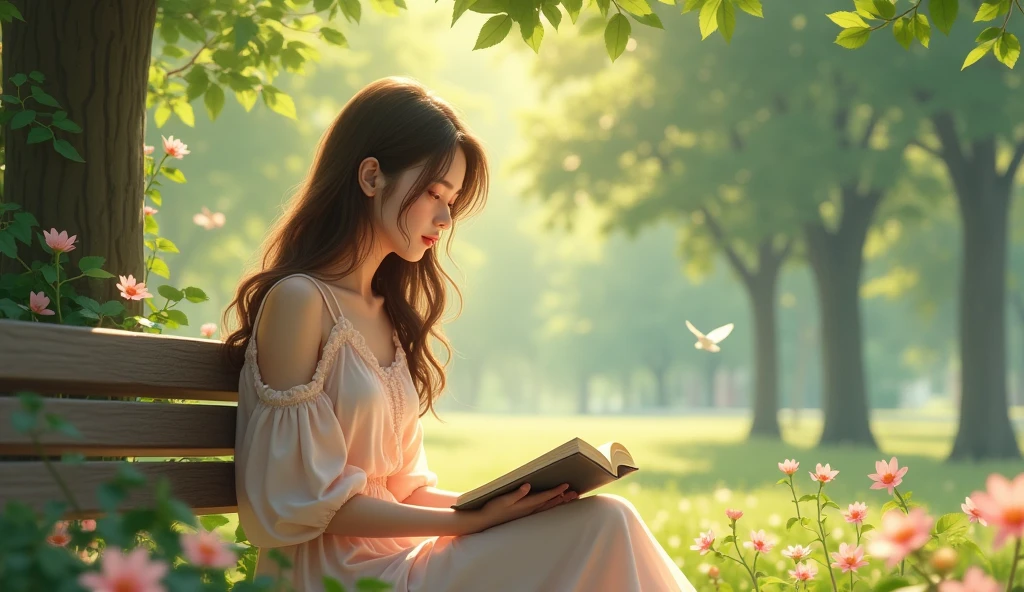 Une jeune femme assise sur un banc dans un parc ensoleillé, entourée d'arbres verdoyants et de fleurs colorées. Elle a de longs cheveux bruns légèrement ondulés et porte une robe légère d'été de couleur pastel. Elle est absorbée par la lecture d'un livre, avec une expression calme et rêveuse sur son visage. Le parc est tranquille, avec quelques oiseaux en arrière-plan et des rayons de soleil qui filtrent à travers les feuilles des arbres. L'ambiance est douce et romantique, capturant un moment paisible dans une belle journée d'été. 8k