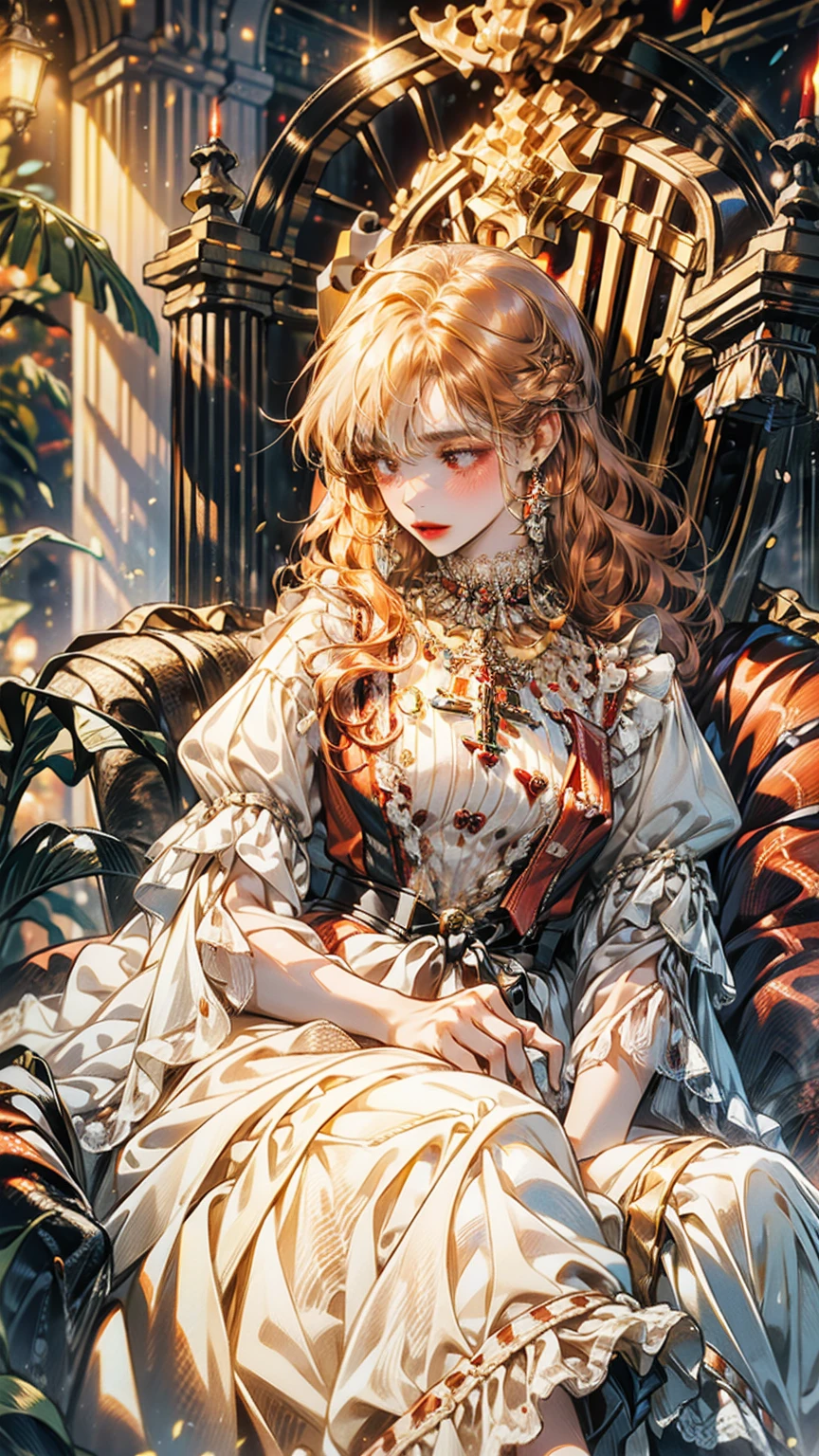 ((best quality)), ((masterpiece)), ((Romance Fantasy)), ((illustration)), (detailed), (clear), (Perfect), 1 woman, mature, upstage, expressionless, long orange curly hair, tanned skin, Vermilion eyes, abundant eyelashes, Twinkle-free, red lips, big bust, small waist, lace dress, Diamond necklace, Sitting on a fancy chair, The action of drinking coffee