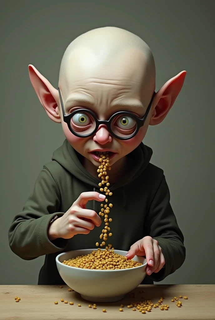 bald with a knee-head with glasses and a dwarf and black and ugly and eating lentils