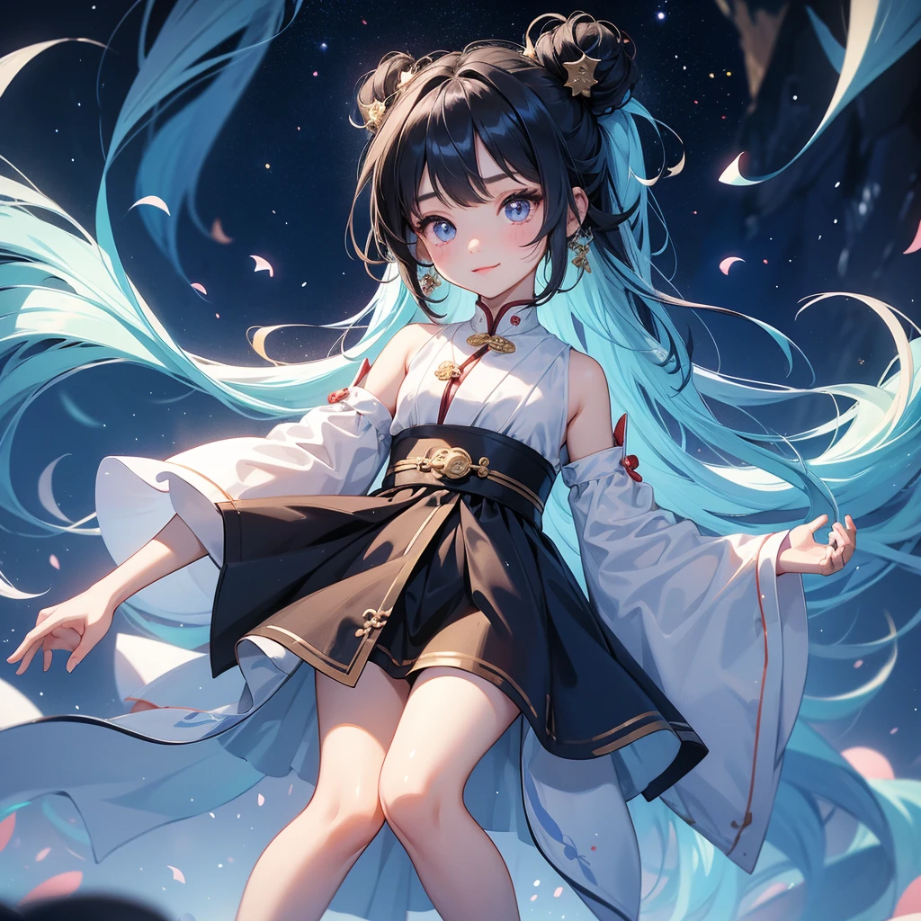 A chibi child girl had a small face and Wearing white little Taoist priest's outfit. A pair of big round eyes shone with curiosity about him. This child was so cute, Background is a dark night, with moonlight and millions of stars, twinkling everywhere, with blue light
her hair is black with two buns on her hair.small chibi, chibi baby, smiling ,Chibi.