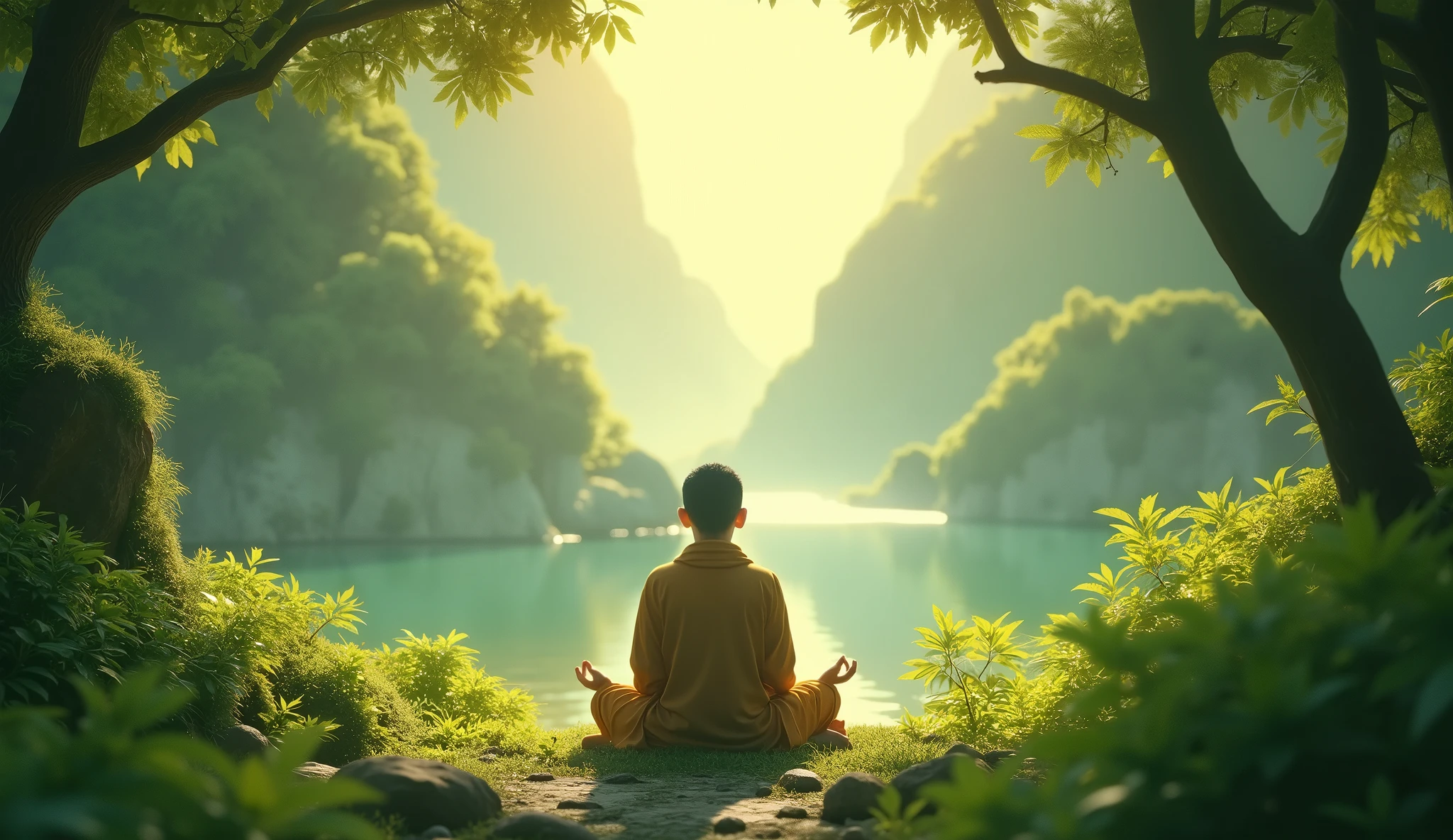a serene natural a 2 budha setting, sunlight filtering through leaves, individual in contemplative pose, 1 person, detailed face, lush foliage, natural lighting, cinematic shot, photorealistic, intricate details, atmospheric, breathtaking landscape, vibrant colors, (best quality,4k,8k,highres,masterpiece:1.2),ultra-detailed,(realistic,photorealistic,photo-realistic:1.37),HDR,UHD,studio lighting,ultra-fine painting,sharp focus,physically-based rendering,extreme detail description,professional,vivid colors,bokeh,landscape,