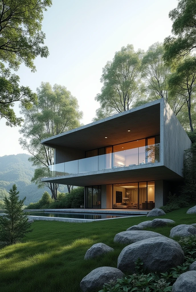 Create me a contempory modern style or building, make it concrete and steel and glass, background is trees and landscapes