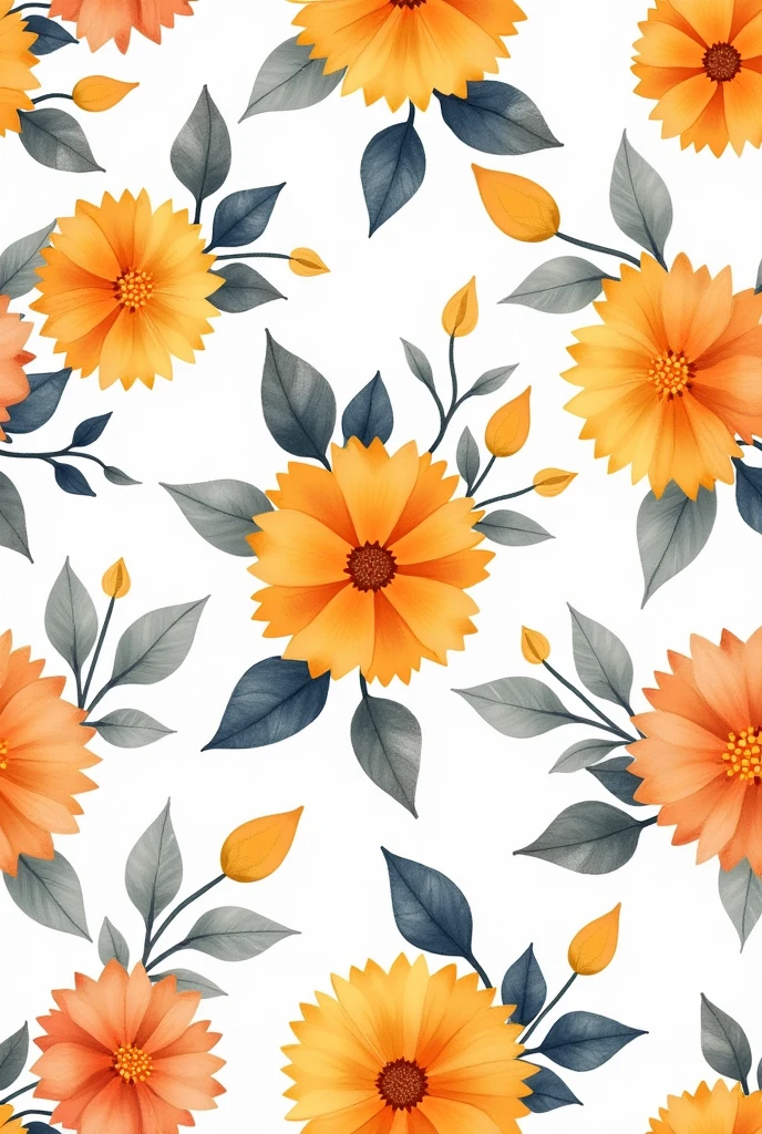 Create a vibrant, continuous floral pattern in repetitive watercolor with large flowers in shades of orange and yellow, contrasting with leaves and branches in shades of dark blue and gray. The background should be light to highlight the cores of the flowers and leaves. The design should have an elegant and detailed feel, with a balanced distribution of flowers and leaves throughout the image.