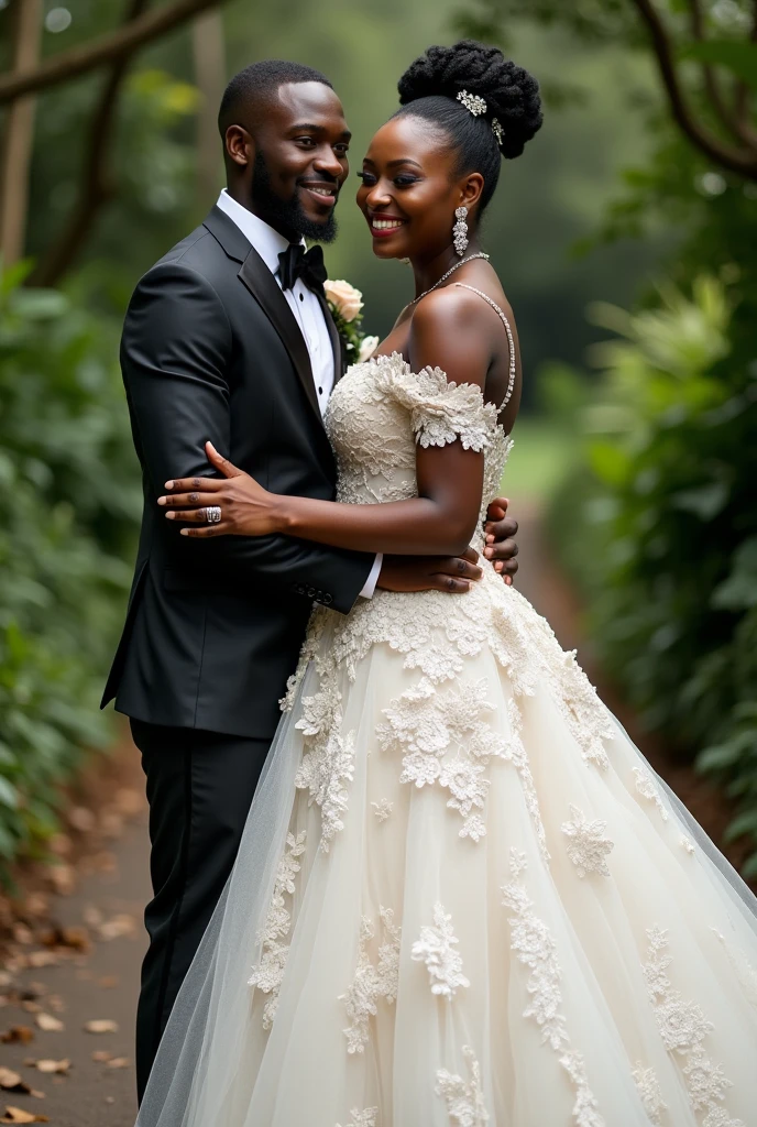 A picture of an African couple on their wedding day, in beautiful and expensive wedding dresses