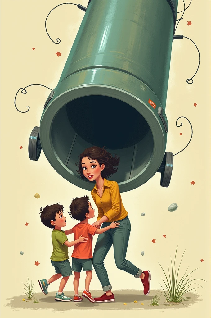 Drawing of a woman and children being sucked into a vacuum cleaner