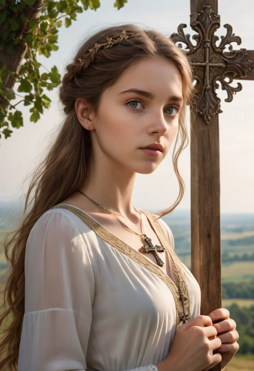 The French teenager is of petite stature and has smooth light brown hair, that reach up to her shoulders. Her eyes are big and green. She wears a simple, but elegant white dress in a muted color. She is wearing a pendant with a very small golden cross. She has a pure and innocent look. Behind her rises a majestic wooden cross, decorated with filigree carvings. The cross is surrounded by soft light, that fills the scene with a warm and calming atmosphere. The girl looks thoughtfully up at the cross, while a touch of awe and peace flits across her face, middle ages mystical countryside in the background