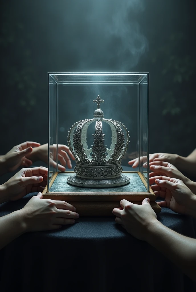 (bookcover) silver wedding crown, Wedding crown in a glass box on the table, dark background, many hands want to grab the wedding crown.