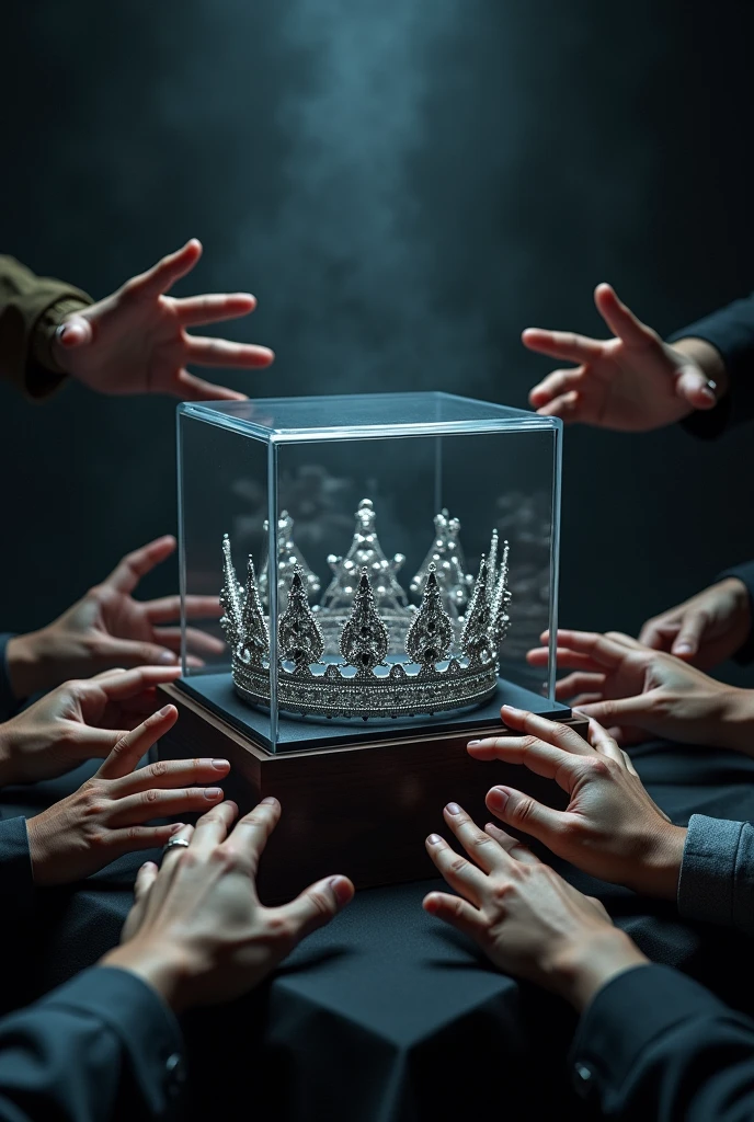 (bookcover) silver wedding crown, Wedding crown in a glass box on the table, dark background, many hands want to grab the wedding crown.