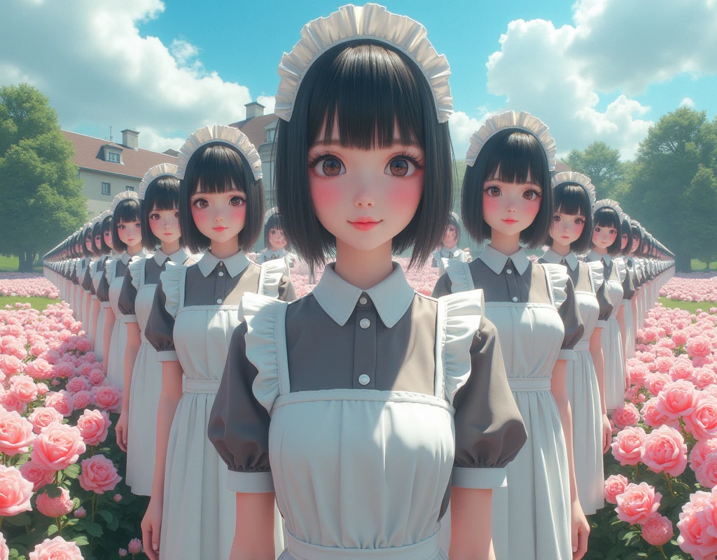 (No need to take a close-up of the subject in the center of the front), (Japanese Clone-girls=Myself), (Super Best masterpiece Clone-girls Raw Photography Art), (16K, Highest quality, Ultra-high resolution, RAW Photos), (It's so unrealistic., With unparalleled depiction, With an unfathomable sight, An unprecedented and shocking worldview, Clone-girls: In a world of mass reproduction, Ultra-realistic depiction), (Japanese girls, Sasaki Nozomi, 26yo), (Small face, Glossy dark hair, long hair, Dark Eyes, Mature face, Cute Smile), (A charming smiling face), (Very beautiful and detailed girl, Accurate body structure, Accurate body movements, Very detailed body), (Super big breasts, Large bulge of ample breasts), (orthodox maid clothes, Emphasise the fullness of your breasts), (Very detailed, Myself cloning, Depiction of splitting oneself, 1Myself girl→1,000,000,000,000,000,000,000,000,000,000Myself cloning girls), (Myself clone girlsは, With the same perfect appearance, to multiply in large numbers), (Very detailed depiction, Myself's multiplying female body, In the same female body,With the same face, With the same hairstyle, In the same clothes, At the same height, 同じSuper big breastsで, A completely indistinguishable female body, 1,000,000,000,000,000,000,000,000,000,000 people), (Myself girls only), (1,000,000,000,000,000,000,000,000,000,000Myself girls), European-style building, Vast rose garden, Lily Description, Physical contact, Cute smile, A happy smile, Pleasant blue sky