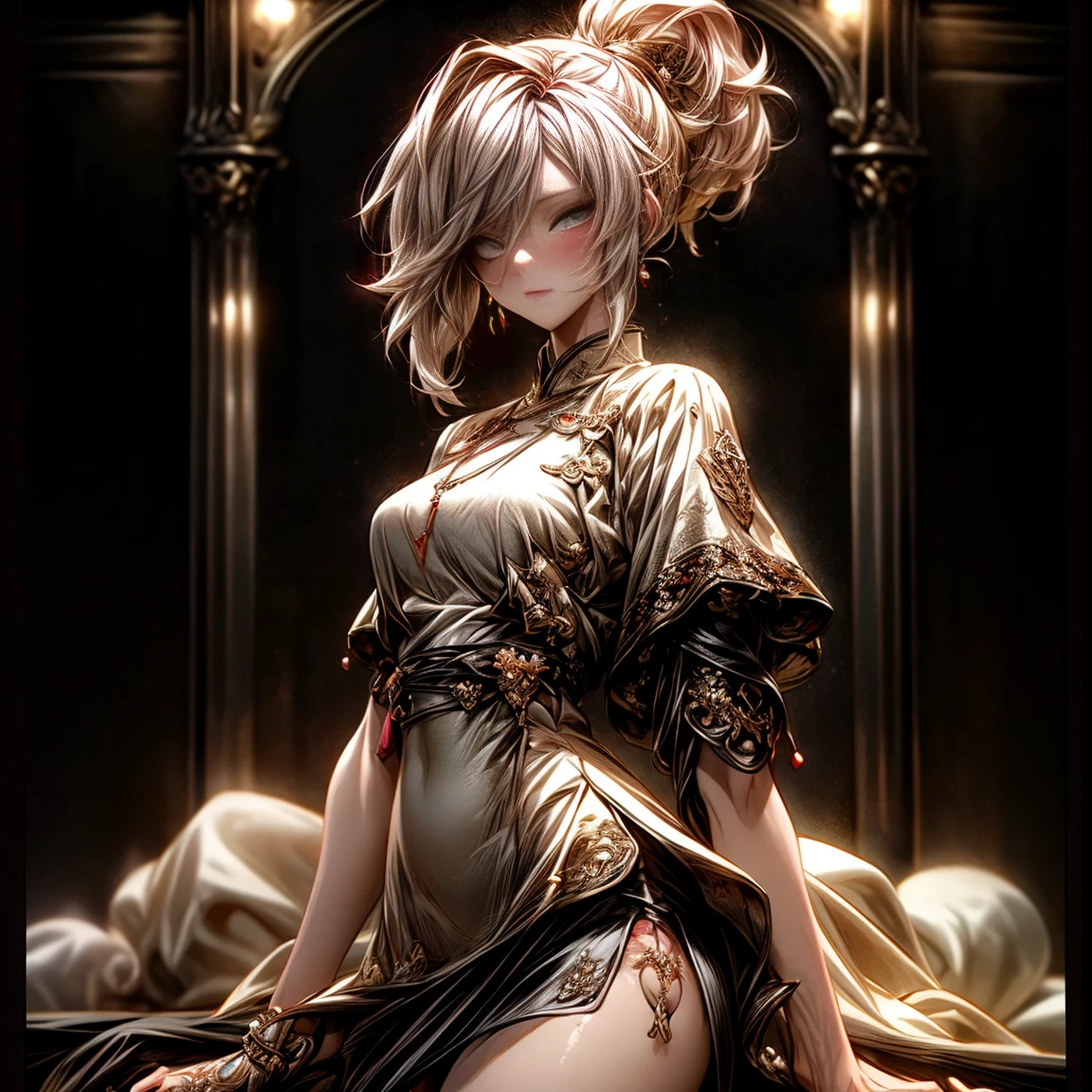 (best quality)), ((Masterpiece)), (details:1.4), 3d, HDR (high dynamic range), an image of a beautiful cyberpunk female, fantasy, medieval, pink hair, Sleek style, High ponytail, Beautiful White eyes, จมูกโด่ง, ปากแดง, หน้าอกใหญ่, nvidia RTX, PBR surface, After processing, Anisotropic filtration,depth of field, Maximum clarity and clarity, multi-layered surface, Subsurface scattering, perfect proportions, 8K raw files, ultra detailed, Perfect proportions, volumetric lighting, soft lighting, Holy Paldin, Heavy Golden Armor, White dress, intricate Silver embroidery, glossy skin, Bed room Background, jewely, ต่างหู, นิ้วมือสมบูณ์, mini Red skirt, 2 arm