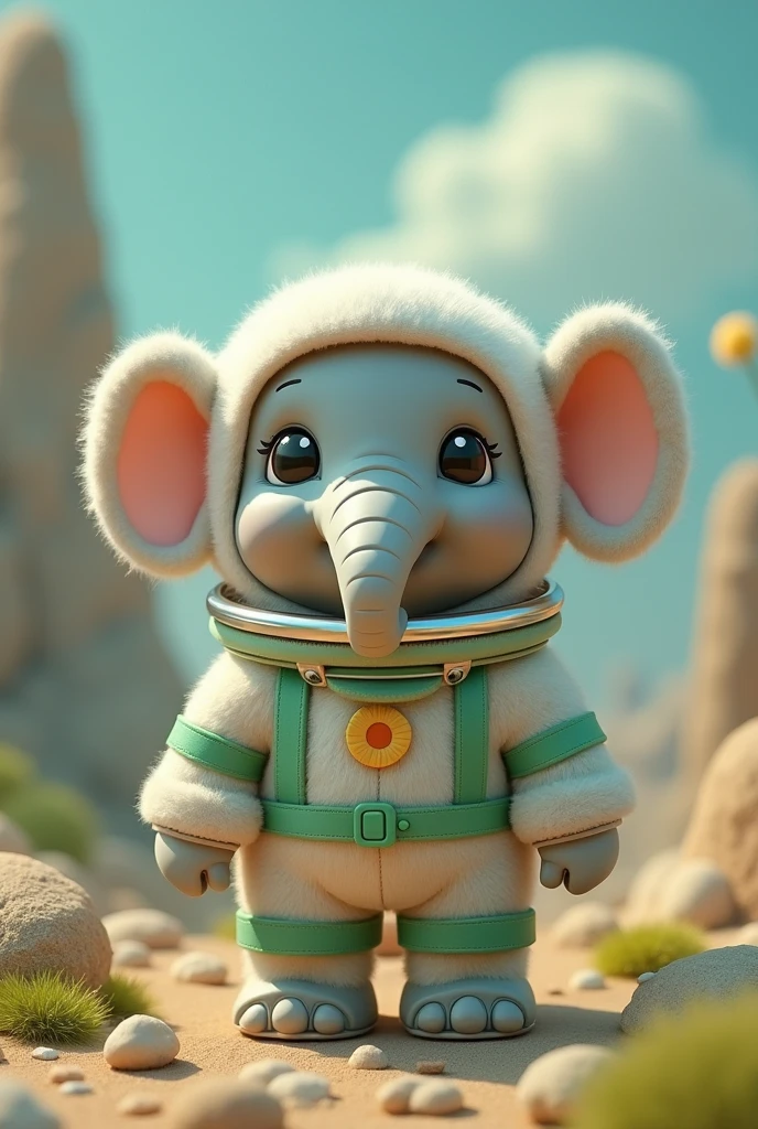 Little elephant in an astronaut suit with green details, fluffly, studios Ghibli, gram