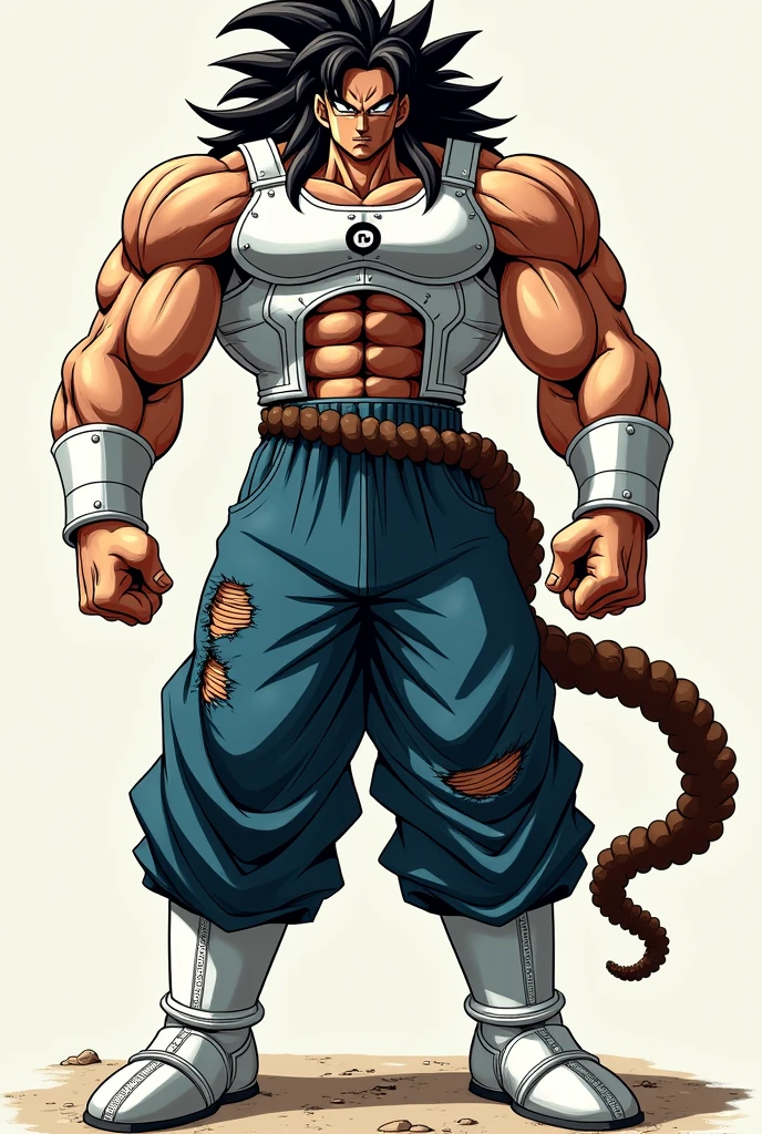 This Saiyan has a gigantic size, both in musculature and height, has no pupils, He has long black hair similar to that of Raditz., with a long lock on his forehead and a brown Saiyan tail.
He wears a metallic white straitjacket with the Fu symbol on the torso area., He wears white metal boots with socks of the same color and partially torn blue pants., similar to jeans