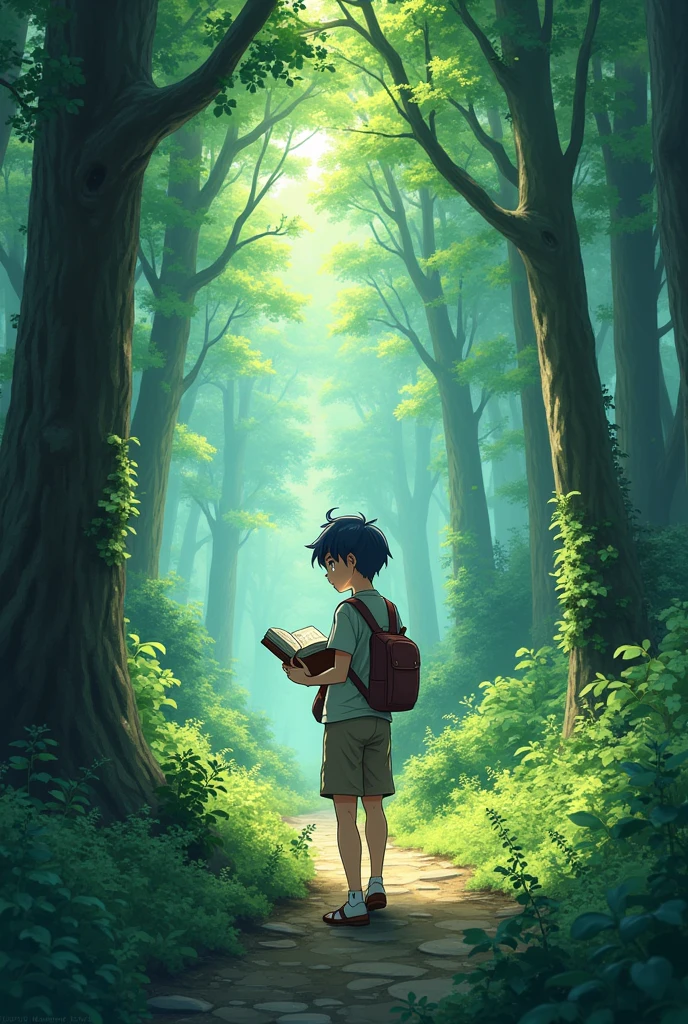Anime in the green forest with book