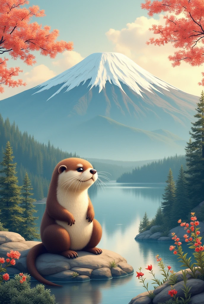 Masterpiece、Background like the Eight Views of Mount Fuji,A cute otter