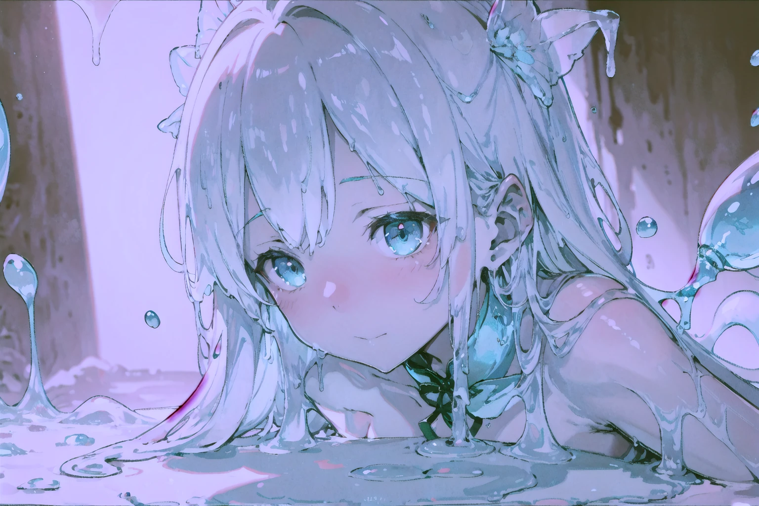 Slime Girl,light blue,composition,cute,Masterpiece,light blueのスライム,Transparent,Natural Light,Super detailed,Ultra HD,clear,Completed blue,Masterpiece,An illustration,Soft.The body is made of slime,white background,China dress,Super long hair,Attention to detail,front,1 girl,Active