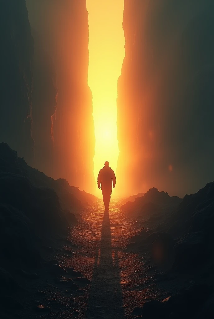 A person walking towards a glowing horizon, leaving behind a dark, shadowy past. The path ahead is clear and bright, symbolizing progress and determination.