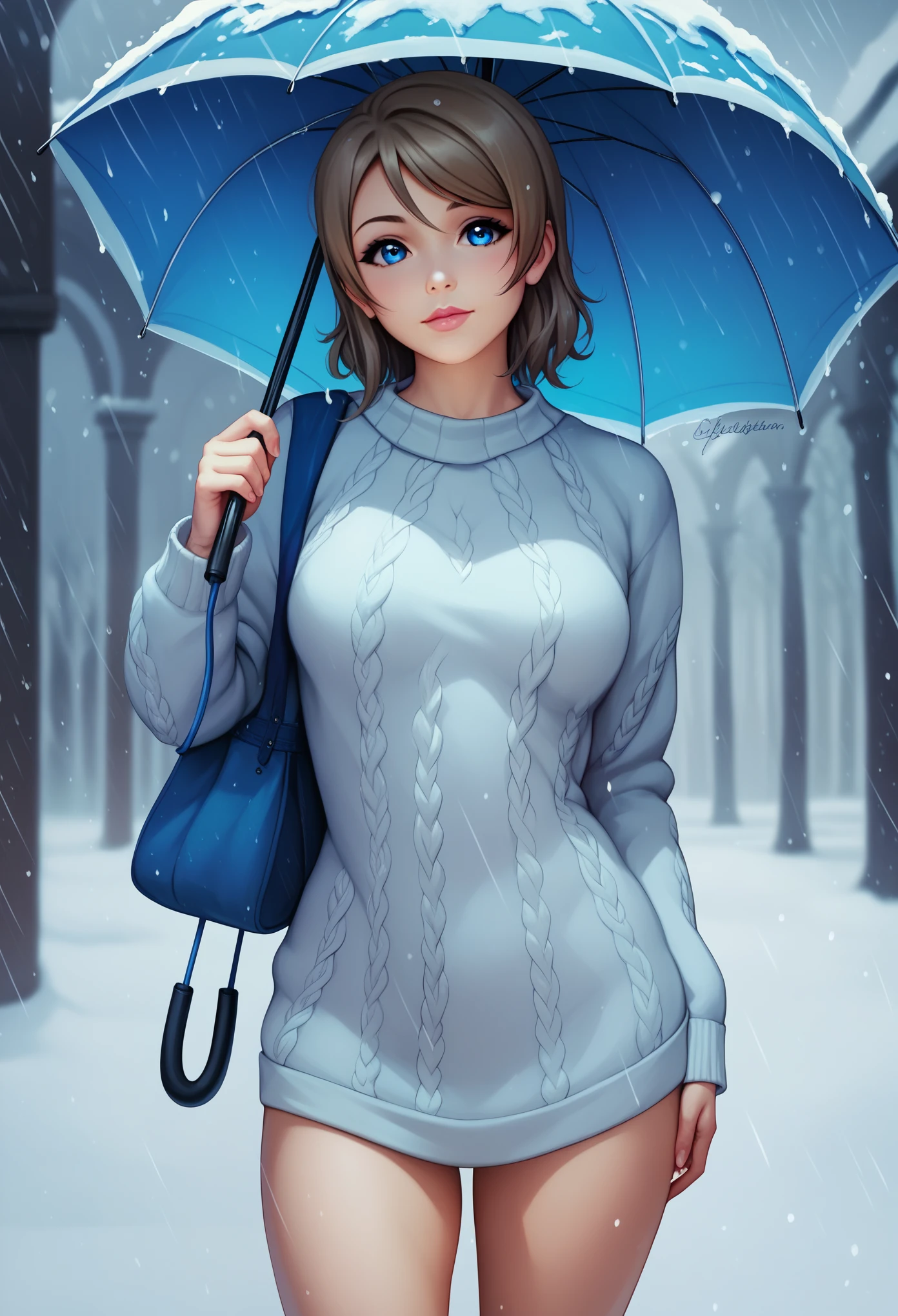 (Masterpiece), cowboy shot,8k wallpaper, solo, realistic anime, Watanabe you, standing, sweater, thighs, holding umbrella, snow rain,blue eyes, beautiful detailed face and eyes 