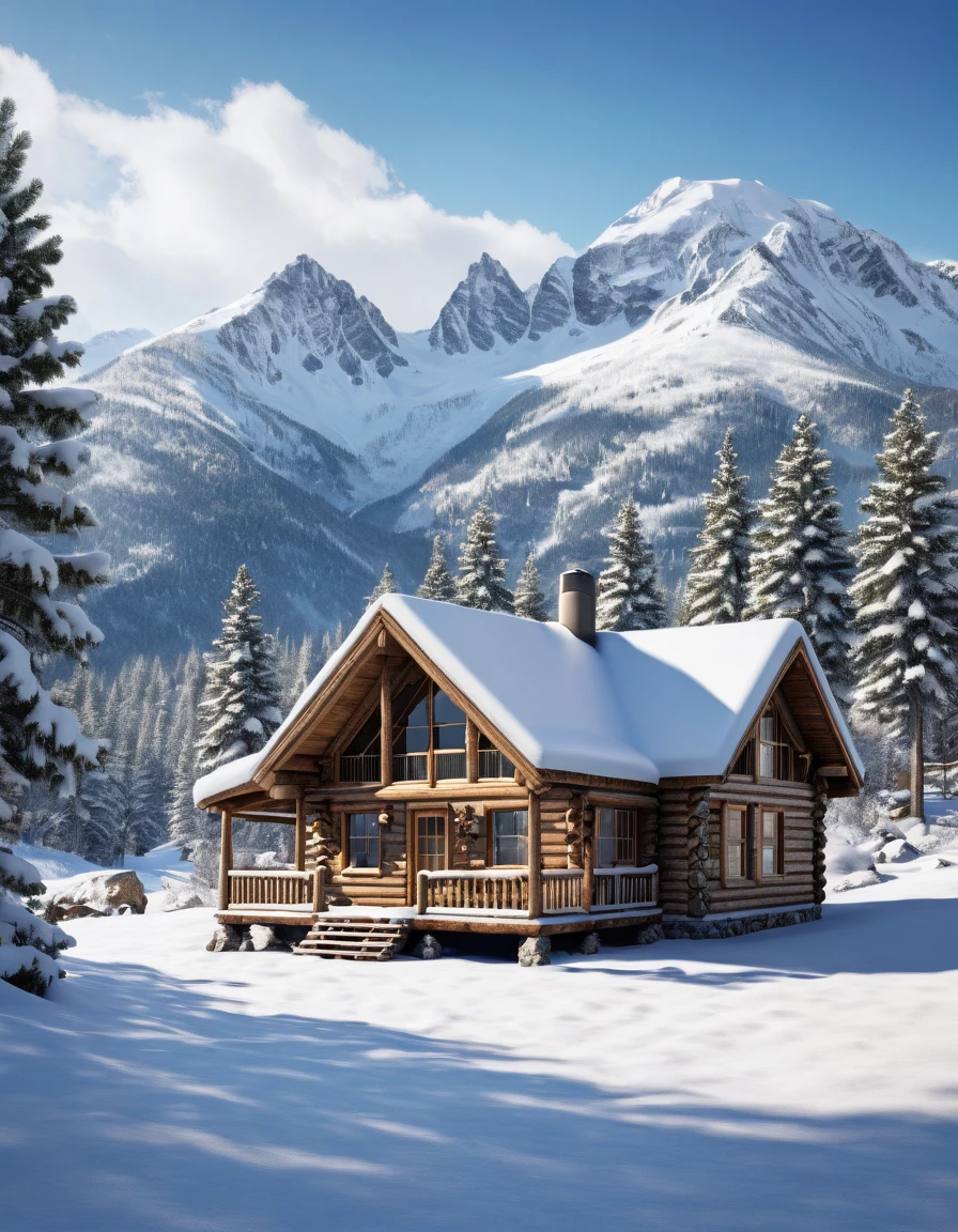 "Visualize a hunting cabin set against a backdrop of snow-covered mountains during winter. What does the exterior view reveal about the cabin's location and the snowy landscape, and how does the cold weather impact the scene?"