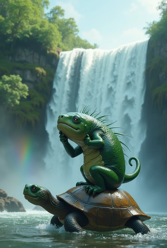 Coughing Kappa、Riding a turtle、Waterfall in the background、A faint rainbow appears