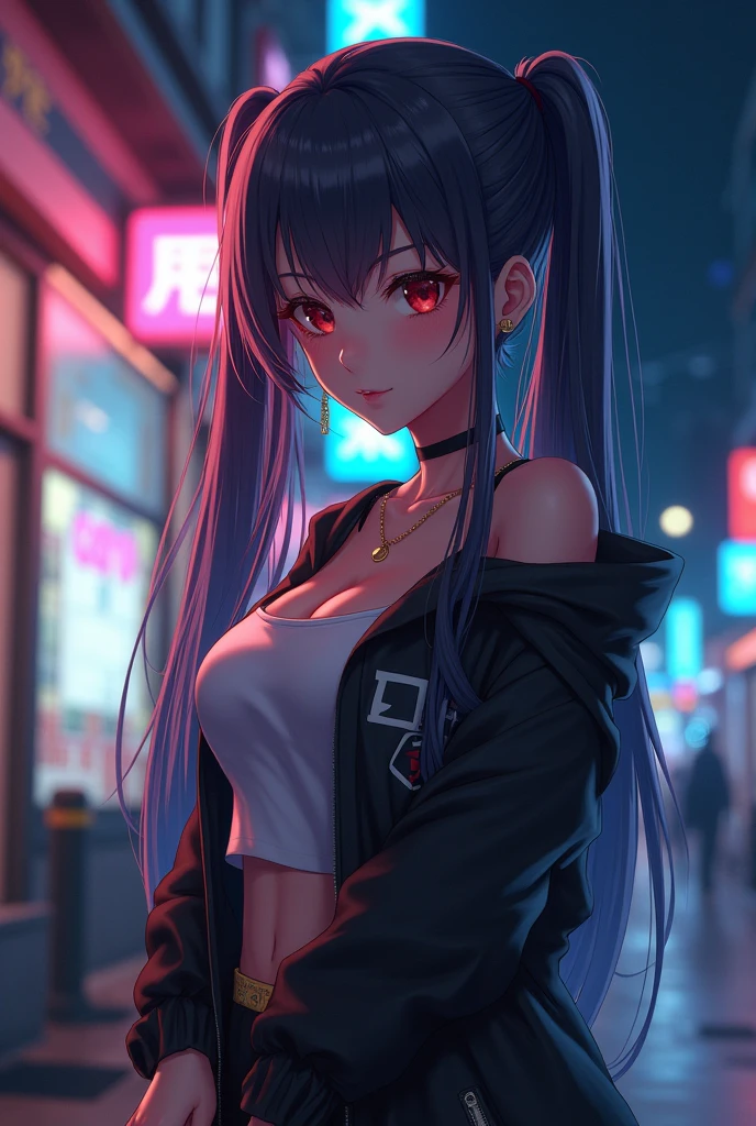 masterpiece, best quality, GanyuV4, 1girl, solo, blush, long hair, hair between eyes, ((streetwear clothes)), city, outdoors, night, movie poster, extremely detailed 8K, smooth, high resolution, ultra quality, cinematic lighting, ambient occlusion, hd, 2k, 4k, 8k, 16k, extremely detailed anime, detailed faces, perfect composition, wide shot, atmospheric lighting, very sexy, lift skirt, random low back angle, uncensored, nsfw, sin censura,lift croptop,boobs showing