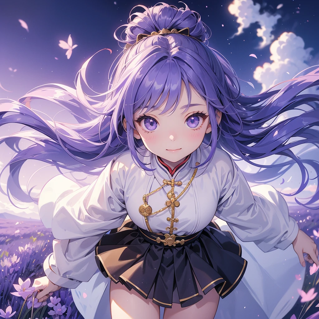 A chibi girl had a small face and Wearing white little Taoist priest's outfit. A pair of big round eyes shone with curiosity about him. This childso cute, Stroll among the purple lavender fields , There are some floating clouds.
her hair is black with two buns on her hair.small chibi, chibi baby, smil,Chibi.