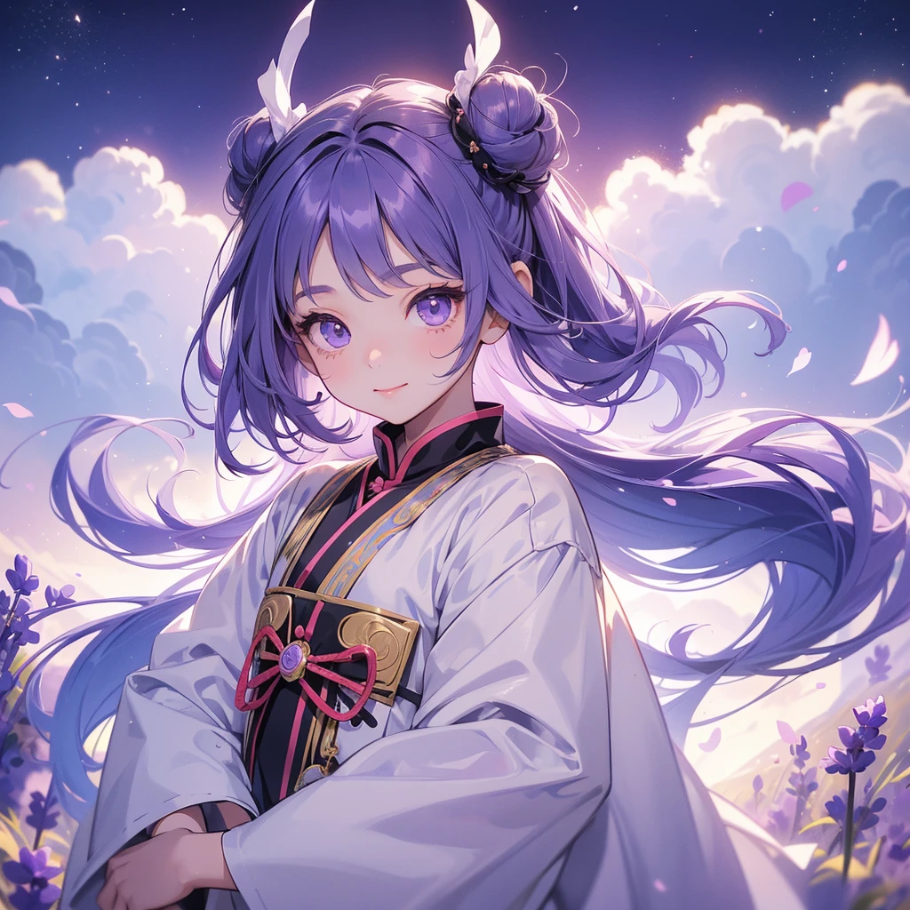 A chibi child girl had a small face and Wearing white little Taoist priest's outfit. A pair of big round eyes shone with curiosity about him. This child was so cute, Stroll among the purple lavender fields , There are some floating clouds.
her hair is black with two buns on her hair.small chibi, chibi baby, smiling ,Chibi.