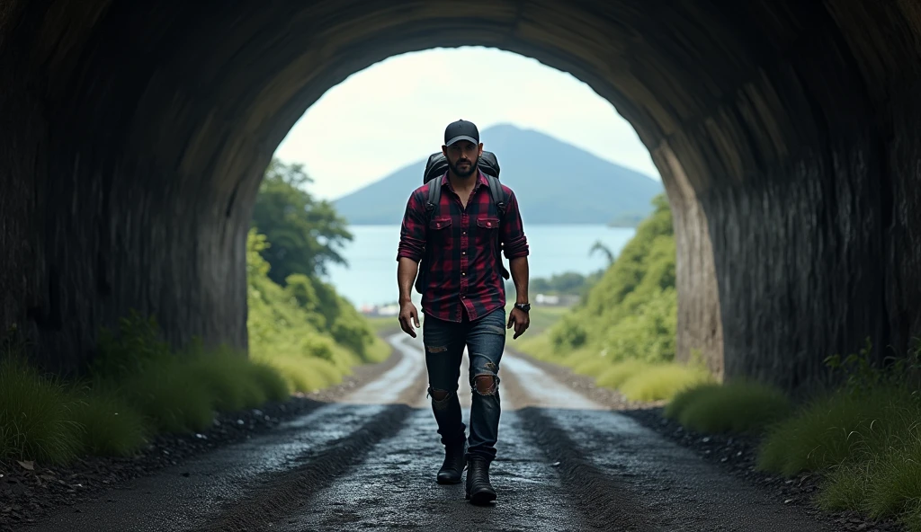 Hyper realistic, a 2 Indonesia man walking alone into a large tunnel. Look straight ahead. wearing dark red flannel shirt and dark ripped jeans pants and black hiking hi-shoes with black backward trucker hat, wear dark leather backpack, photoshoot pose, arrogant man expression. He walks into the tunnel, not facing away from the camera. His face is visible clearly and in great detail. The end of the tunnel shows a view of the detailed ancient village of Ternate, North Maluku, Indonesia with the ocean and Ternate mountain. Emphasize the contrast between the dark, rough ground of the tunnel and the bright landscape.