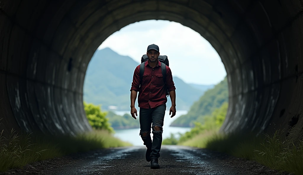 Hyper realistic, a 2 Indonesia man walking alone into a large tunnel. Look straight ahead. wearing dark red flannel shirt and dark ripped jeans pants and black hiking hi-shoes with black backward trucker hat, wear dark leather backpack, photoshoot pose, arrogant man expression. He walks into the tunnel, not facing away from the camera. His face is visible clearly and in great detail. The end of the tunnel shows a view of the detailed ancient village of Ternate, North Maluku, Indonesia with the ocean and Ternate mountain. Emphasize the contrast between the dark, rough ground of the tunnel and the bright landscape.