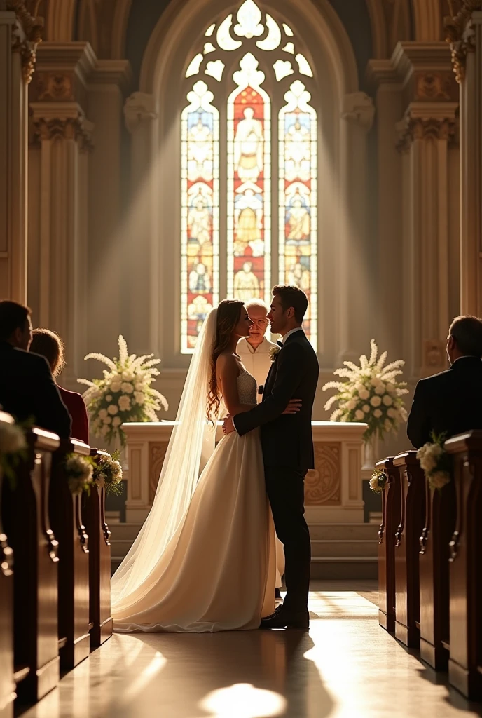An exclusive image of a wedding ceremony in a church where bride and groom exchanging vows and a father solemnising it