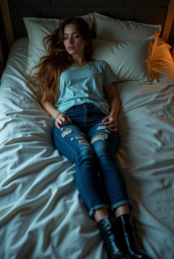 A women sleeping in bed wearing light blue jeans and t-shirts splattered with water, soaking wet clothes, hblack high heel ankle boots, ((show boots)), gradient hair, ((navy blue skinny jeans)), shiny wet patches on jeans, wet patches on t-shirts, wet hair,