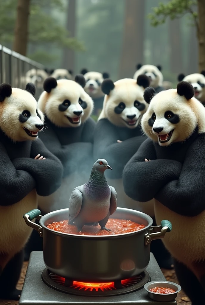 Ultra-realism, (masterpiece, best quality, ultra detailed, photorealistic:1.2), ((Muscular panda has a smiling expression)), A group of muscular pandas with folded arms are gathered around watching a grey pigeon being cooked in a big stockpot on the stove., forest, (big stockpotからグレーのハトの頭が出ている), ((A big stockpot on a stove over high heat)), (Gray pigeon has a frightened expression), (There are many refrigerators behind the panda),