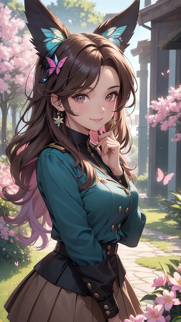 (best quality,4k,8k,highres,masterpiece:1.2),ultra-detailed,(realistic,photorealistic,photo-realistic:1.37),acrylic painting,beautiful Brazilian model in a uniform outfit with downy hair,beautiful Brazilian model with extremely colorful brown hair and detailed facial features,beautiful Brazilian model standing in a beautiful garden sakura flowers, long hair,cat ears, hair bows, black uniform skirt outfits, smile, happy face,light brown hair,butterflies, brown eyes, mature woman, older woman, 30 year old, adult woman. Older lady, posing,Solo, teal and pink butterflies, close up,