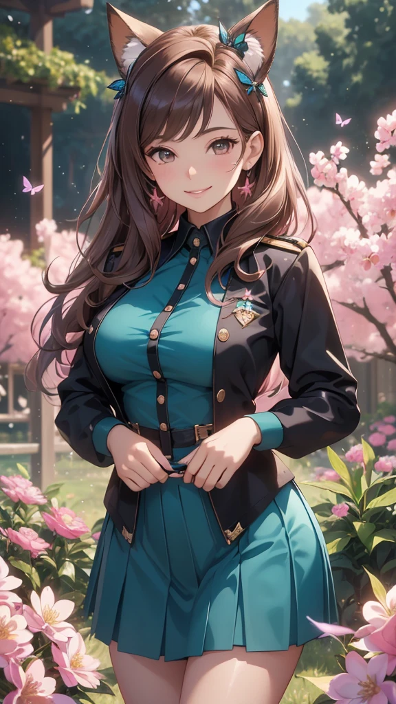 (best quality,4k,8k,highres,masterpiece:1.2),ultra-detailed,(realistic,photorealistic,photo-realistic:1.37),acrylic painting,beautiful Brazilian model in a uniform outfit with downy hair,beautiful Brazilian model with extremely colorful brown hair and detailed facial features,beautiful Brazilian model standing in a beautiful garden sakura flowers, long hair,cat ears, hair bows, black uniform skirt outfits, smile, happy face,light  brown hair,butterflies, brown eyes,  mature woman, older woman, 30 year old, adult woman. Older lady, posing,Solo, teal and pink butterflies, close up, 