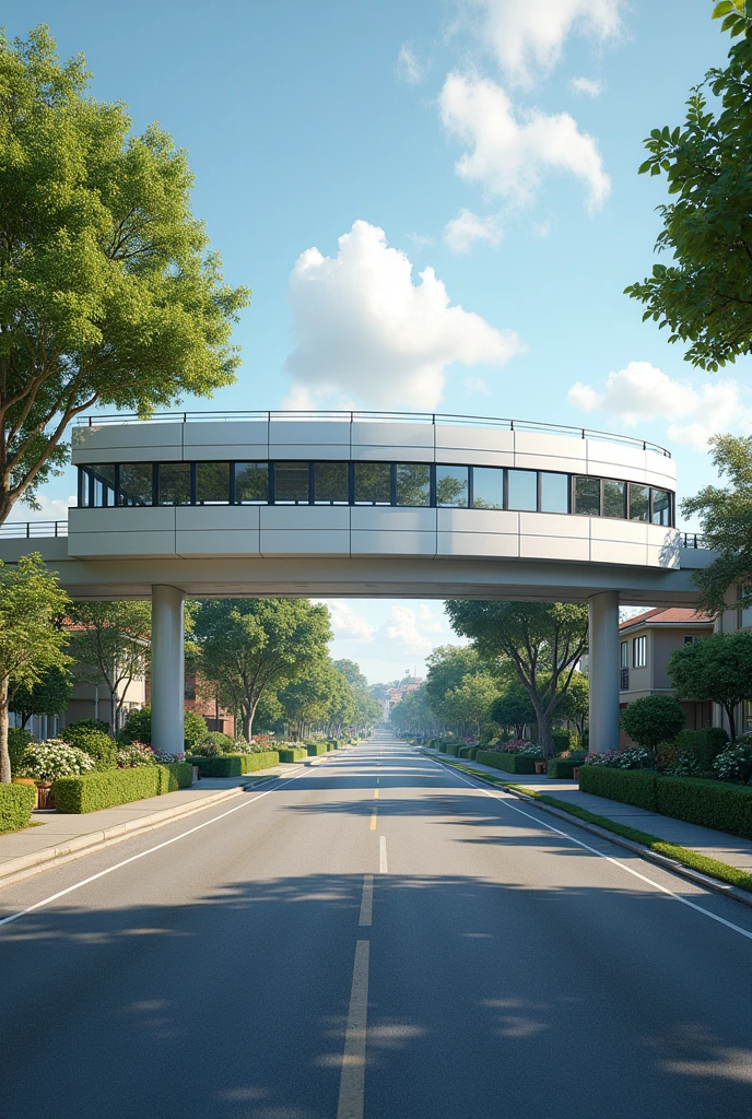 Generates an image of a second floor for vehicular traffic in a nice area. The design should feature an elevated structure that allows for efficient traffic flow., reducing congestion on main streets. Make sure the structure blends harmoniously with the residential environment, maintaining an attractive and functional aesthetic appearance