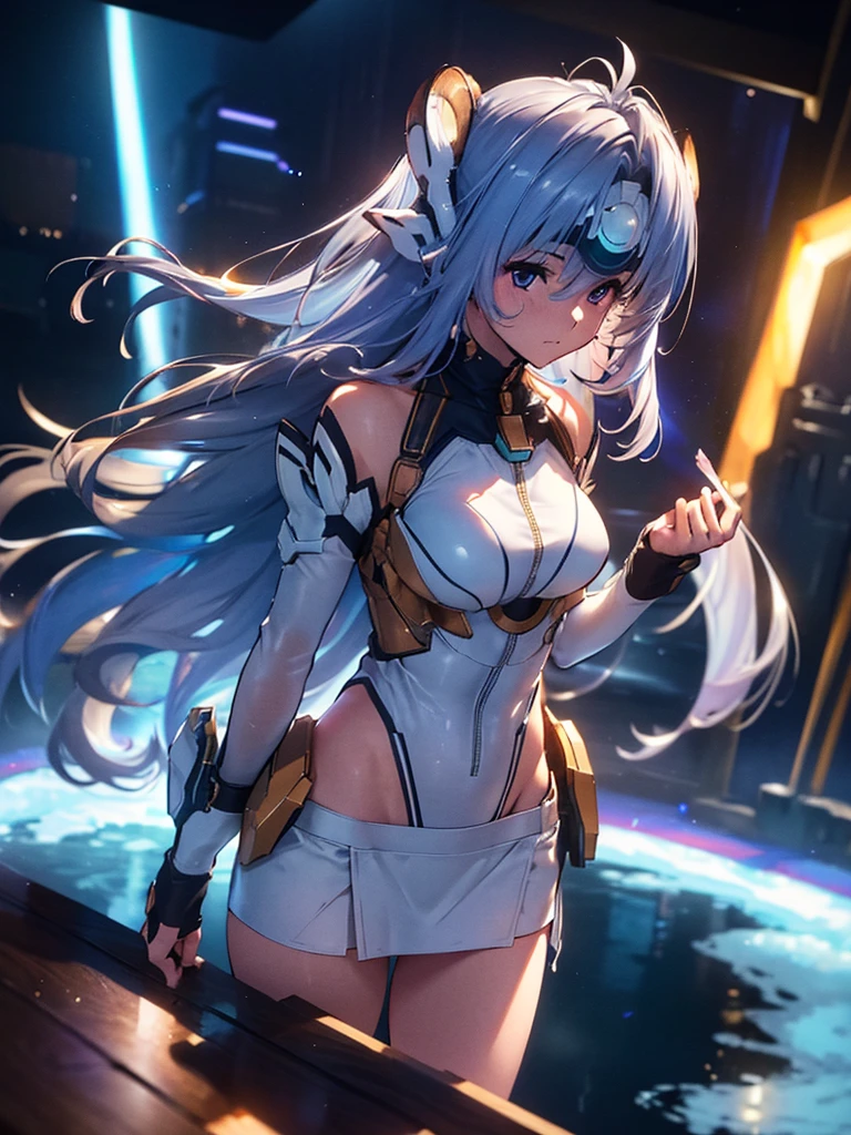 (masterpiece:1.3), (8k、Realistic, RAW Photos, Highest quality:1.4), (alone), One Girl, (((Lamb Wash))), Beautiful Face, 完璧な対称性を持つBeautiful Face, Cute Face, (Beautiful light blue long hair), With bangs, Has a visor on the forehead, Beautiful purple eyes, Perfect Anatomy, (Skin with attention to detail: 1.2), Natural Breasts, Beautiful thighs, Natural buttocks, White costume, mini skirt, Open-chested outfit, In space you can see stars and planets, Standing on the deck of a spaceship, Perfect lighting, Focus Only, Perfect Anatomy,Front view,