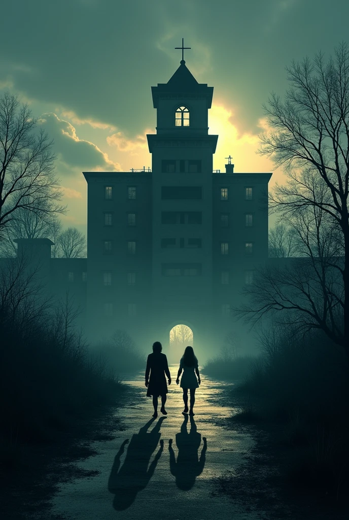 The sun is setting, casting long shadows, and the hospital looms in the distance.
Text Overlay: "Their hearts raced as they approached the haunted hospital."