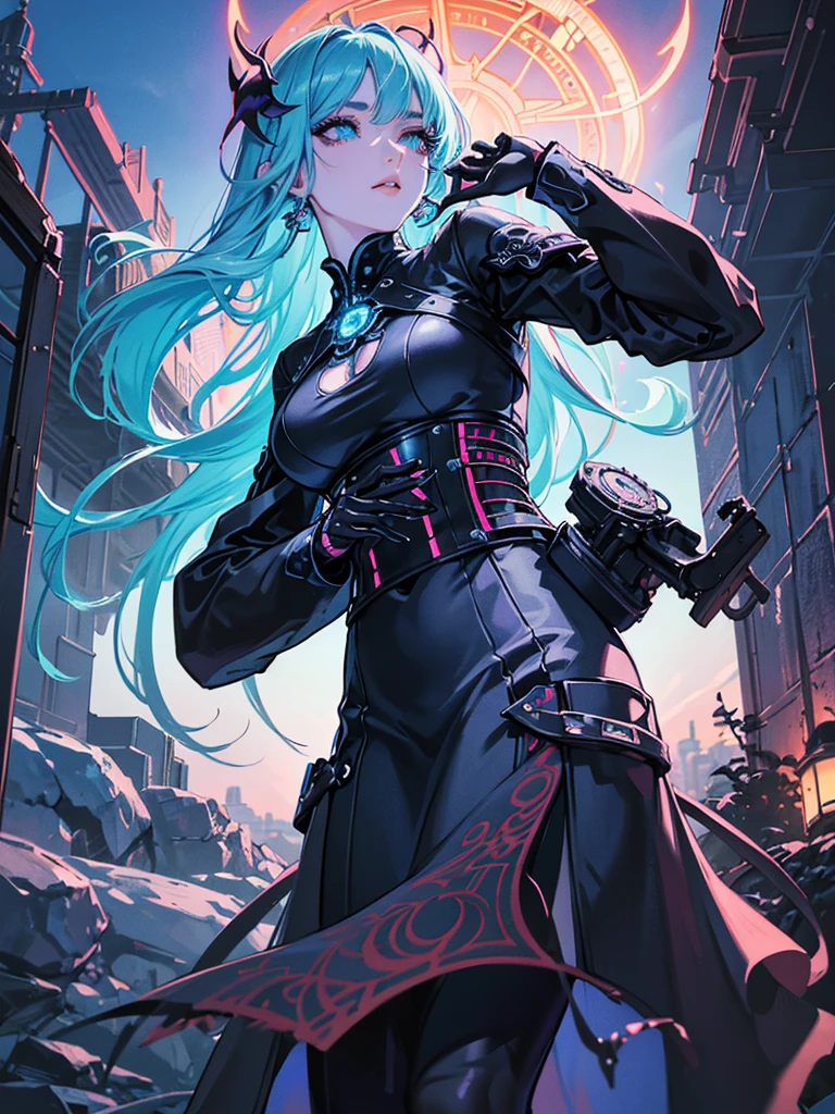 beautiful detailed eyes, beautiful detailed lips, extremely detailed eyes and face, long eyelashes, anime style, demon slayer, futuristic architecture, sci-fi, dramatic lighting, neon colors, glowing details, volumetric fog, detailed mechanical elements, intricate gears and machinery, best quality, 8k, highres, masterpiece, ultra-detailed, realistic, photorealistic