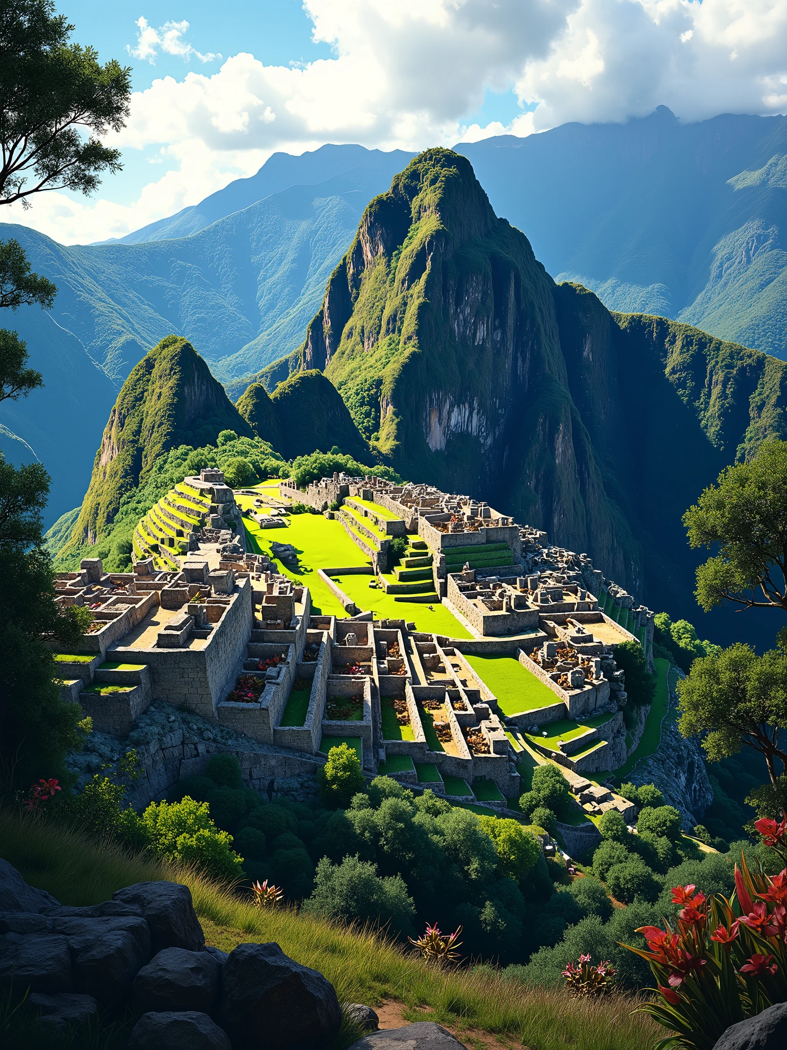 visualizing the city of Machu Picchu, from Paris, extraordinary landscape, quite a lot of natural jungle, realistic illustration