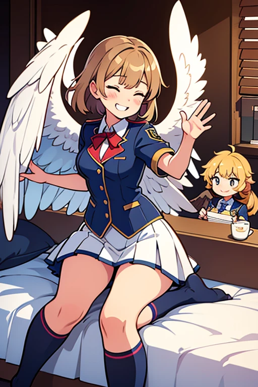 A collared griffin and a high school girl, A griffin sleeping comfortably with its wings folded, The girl is wearing a uniform and runs up to the griffin, waving and smiling.,